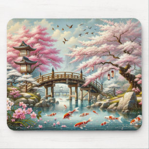 Japans landschap met brug-, koi- en sakura-bomen muismat