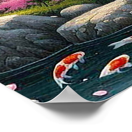 Japans landschap met brug-, koi- en sakura-bomen poster (Hoek)