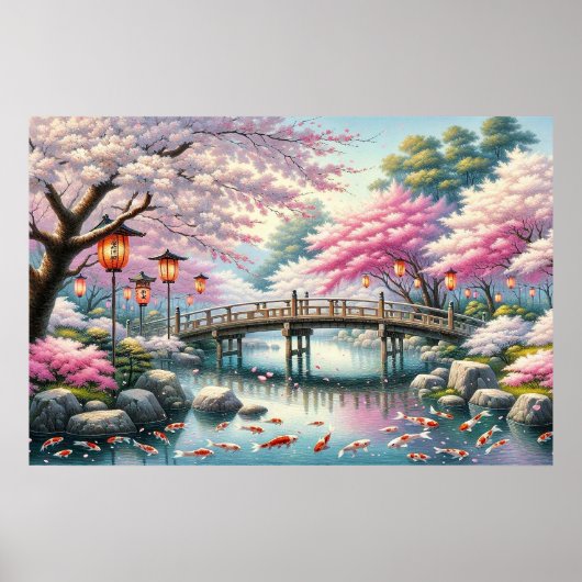 Japans landschap met brug-, koi- en sakura-bomen poster (Voorkant)