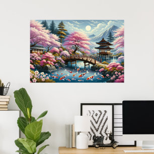Japans landschap met brug-, koi- en sakura-bomen poster