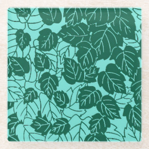 Japans Leaf Print, Turquoise en Aqua Glazen Onderzetter