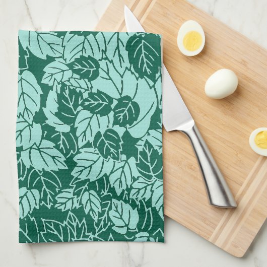 Japans Leaf Print, Turquoise en Aqua Theedoek (Quarter Fold)