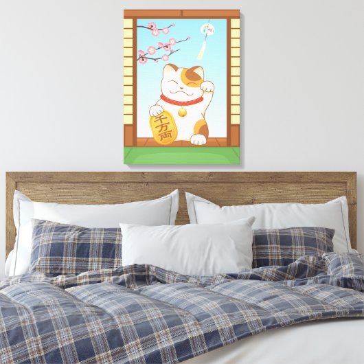 Japans Lucky Calico Cat, Maneki Neko Canvas Afdruk (Insitu (Slaapkamer))
