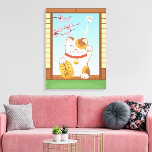 Japans Lucky Calico Cat, Maneki Neko Canvas Afdruk (Insitu (Woonkamer))