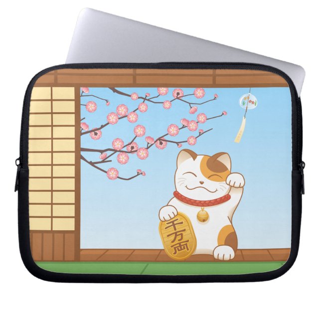 Japans Lucky Calico Cat, Maneki Neko Laptop Sleeve (Voorkant)
