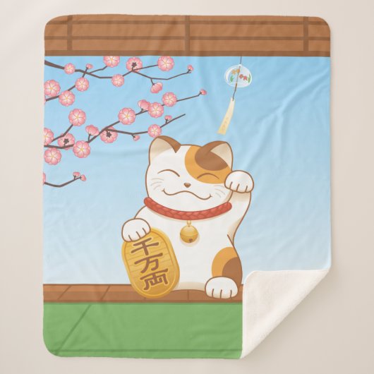 Japans Lucky Calico Cat, Maneki Neko Sherpa Deken (Voorkant)