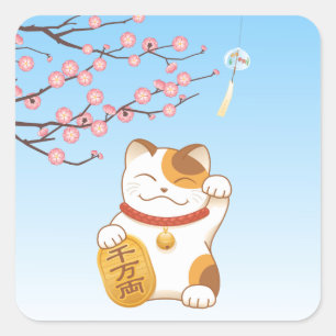 Japans Lucky Calico Cat, Maneki Neko Vierkante Sticker