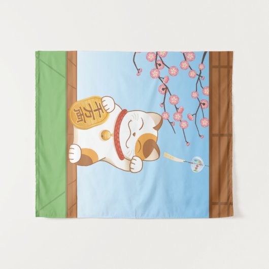 Japans Lucky Calico Cat, Maneki Neko Wandkleed (Voorkant (horizontaal))