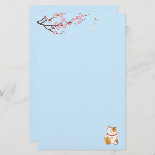Japans Lucky Calico Kat, Maneki Neko Blauw Briefpapier (Voorkant / Achterkant)