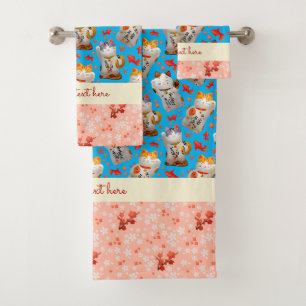 Japans Lucky Cat Kimono Blauw Roze Koi Karper Bad Handdoek