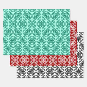 Japans Medallion Pattern, Aqua. Rood, zwart/wit Inpakpapier Vel
