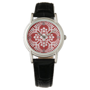 Japans Medallion Pattern, Deep Red en White Horloge