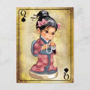 Japans meisje in kimono dat een parelketting houdt briefkaart