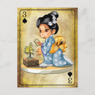 Japans meisje in kimono die een bonsai-boom bewate briefkaart