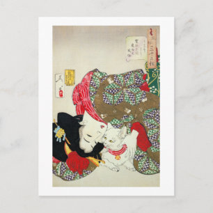 Japans meisje met Cat, Tsukioka Yoshitoshi Briefkaart