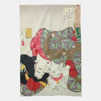 Japans meisje met Cat, Tsukioka Yoshitoshi Theedoek