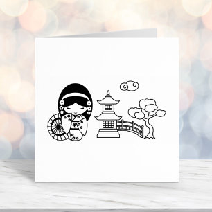Japans meisje met een hoge vlucht in Kimono Scrapb Zelfinktende Stempel