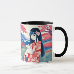Japans meisje met een witte kat mok