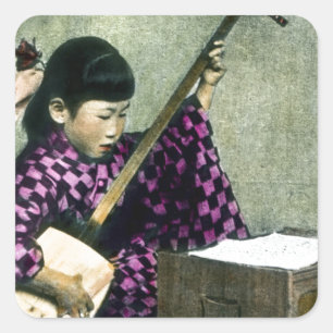 Japans Meisje Muzikant Shamisen  Vierkante Sticker