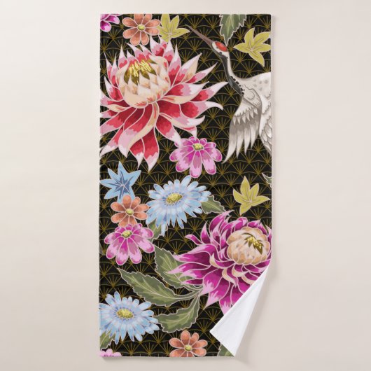 Japans patroon met bloemen en witte kranen badhanddoek (Badhanddoek)