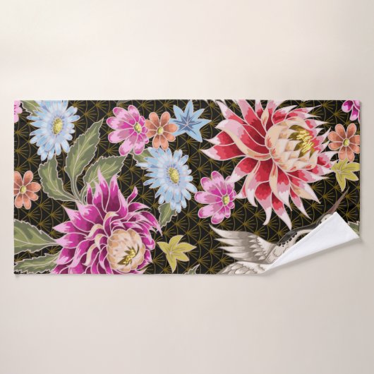 Japans patroon met bloemen en witte kranen badhanddoek (Badhanddoek)