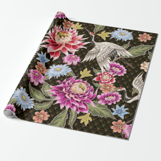 Japans patroon met bloemen en witte kranen cadeaupapier (Uitgerold)