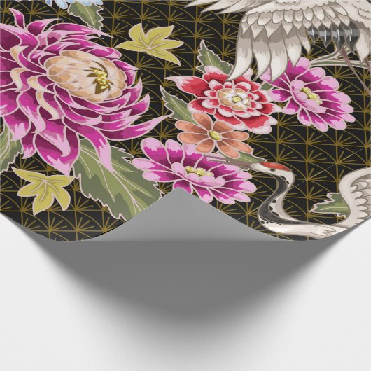 Japans patroon met bloemen en witte kranen cadeaupapier (Hoek)