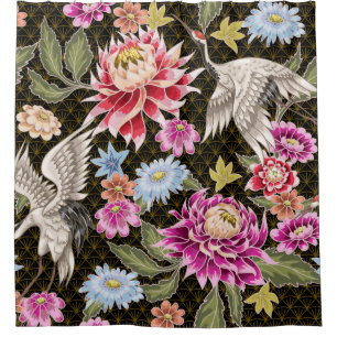 Japans patroon met bloemen en witte kranen douchegordijn