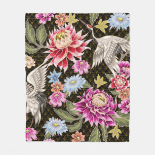 Japans patroon met bloemen en witte kranen fleece deken