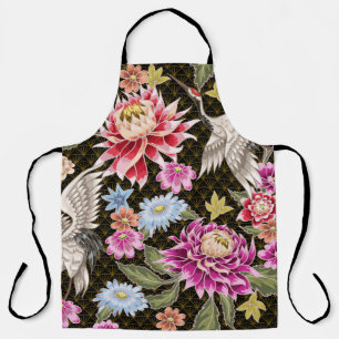 Japans patroon met bloemen en witte kranen schort