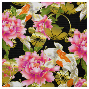 Japans patroonweefsel met Koi, bloemen en mon Stof