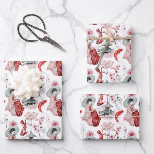 Japans Pogoda, Geisha, Cranes en Koi Inpakpapier Vel