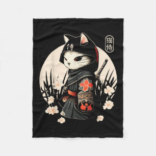 Japans Samurai Cat Tattoo, Kawaii Ninja Cat _1 Fleece Deken