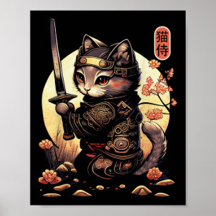 Japans Samurai Cat Tattoo, Kawaii Ninja Cat Poster