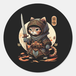 Japans Samurai Cat Tattoo Kawaii Ninja Cat Ronde Sticker
