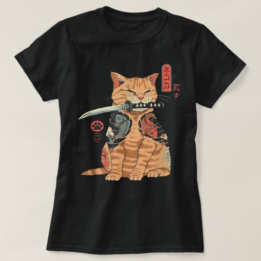 Japans Samurai Ninja Cat Kawaii Tattoo Grafisch T-shirt (Design voorkant)