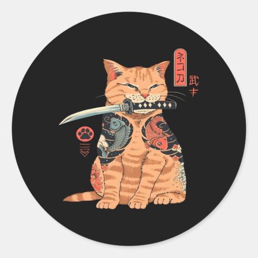 Japans Samurai Ninja Cat Kawaii Tattoo Ronde Sticker (Voorkant)