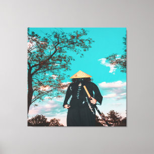 Japans Samurai-strijder voor de muur Canvas Afdruk