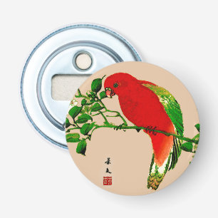  Japans schilderen van een papegaai, rood en groen Button Flesopener