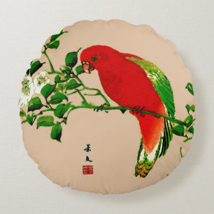  Japans schilderen van een papegaai, rood en groen Rond Kussen