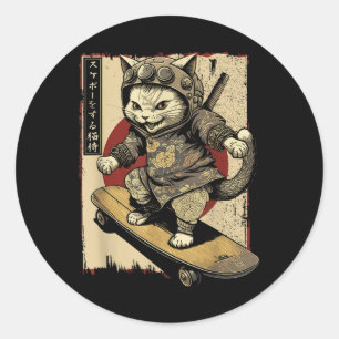 Japans Skateboard Samurai Cat Tattoo Kawaii Ninj Ronde Sticker