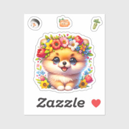 Japans Spitz met bloemetjes, puppy sticker