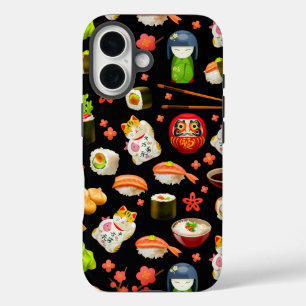 Japans sushi-visschotel op zwart iPhone 16 hoesje