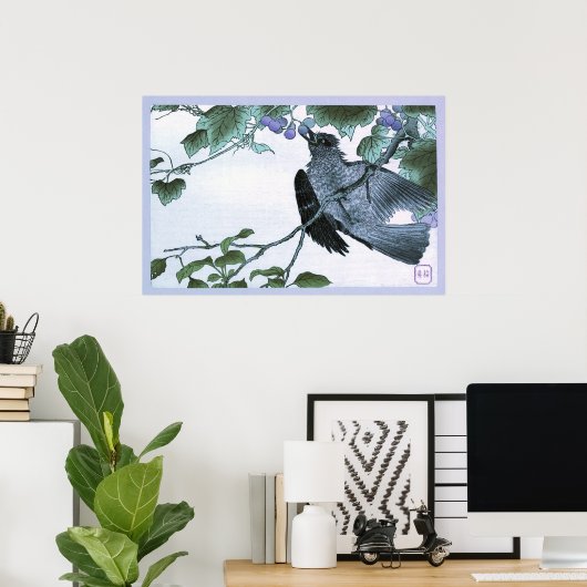 Japans Ukiyo-e print van een vogeletende druiven (Thuiskantoor)