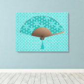 Japans ventilator in Asanoha patroon, Turquoise Canvas Afdruk (Insitu (Houten vloer))