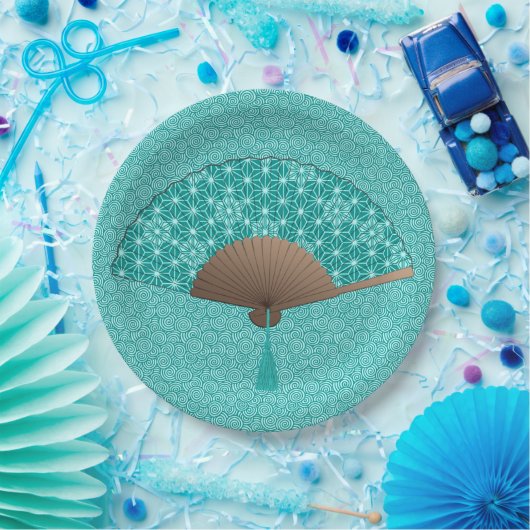 Japans ventilator in Asanoha patroon, Turquoise Papieren Bordje (Feest)