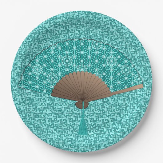 Japans ventilator in Asanoha patroon, Turquoise Papieren Bordje (Voorkant)