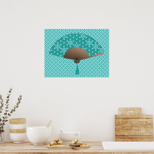 Japans ventilator in Asanoha patroon, Turquoise Poster (Keuken)