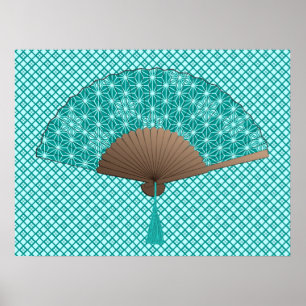 Japans ventilator in Asanoha patroon, Turquoise Poster