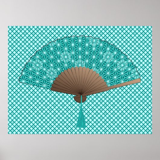 Japans ventilator in Asanoha patroon, Turquoise Poster (Voorkant)